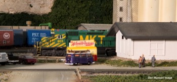 Freight passing hot dog stand at Boonville
